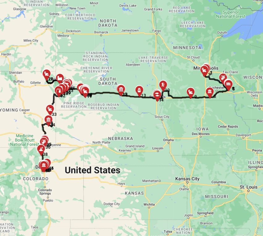 RV route plan for a motorhome trip from Minneapolis to Denver